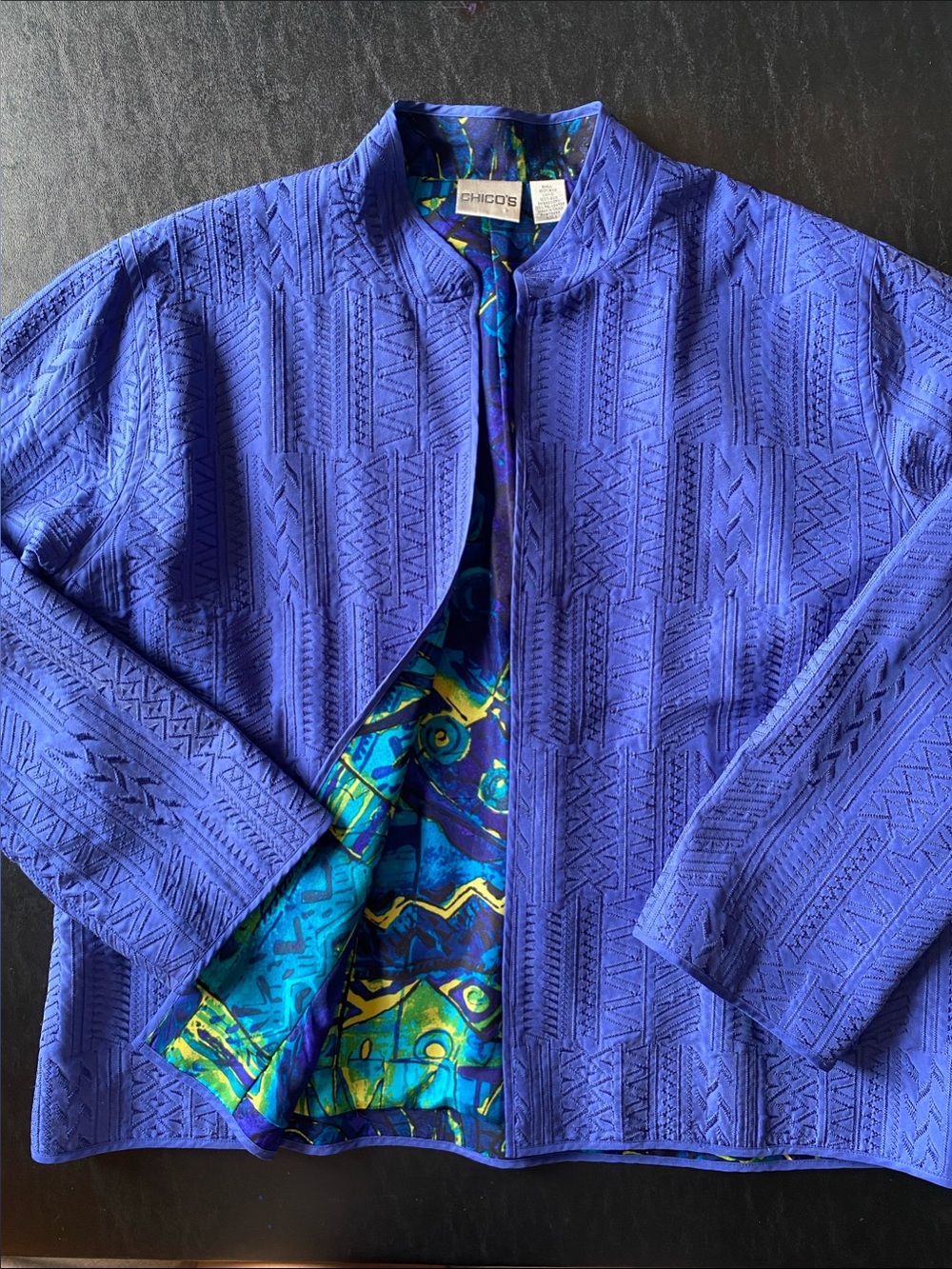 Chico's 100% Silk Royal Blue Embroidered Open Front Jacket w/ Multicolor Lining
